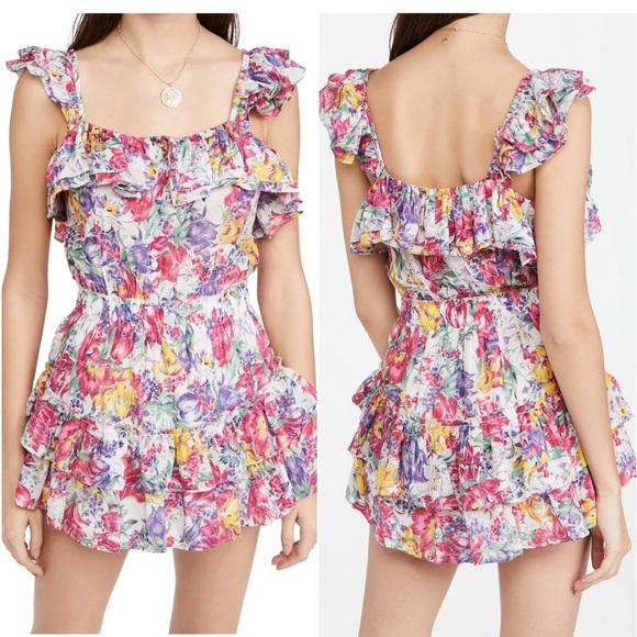 LOVESHACKFANCY Silk Cotton Floral Ruffle Trim Square Neck Mini Dress S - Picture 2 of 9